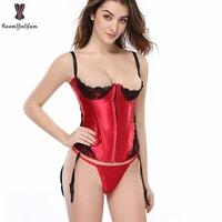 sexy red corset lingerie with lace push up bra adjustable shoulder strap plus size women night wear boned corselet waist cincher