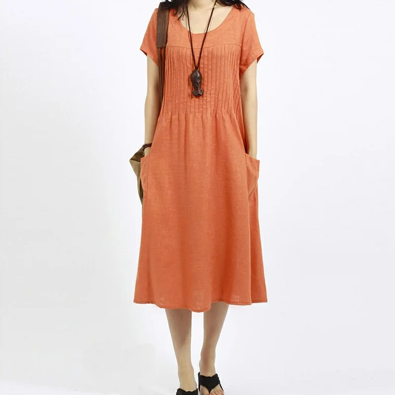 Женское длинное платье кимоно винтажное средней длины из хлопка и льна зеленое