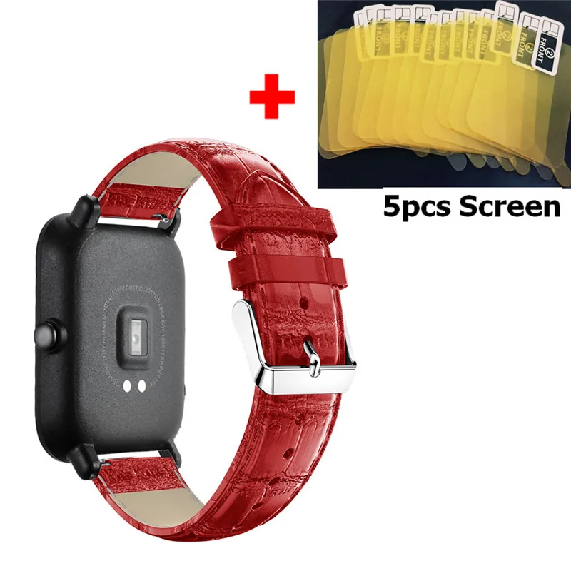 Red 2 In1 ремень для Xiaomi Huami Amazfit Bip BIT Lite Youth группа кожаных ремешков+ Экран пленка для amazfit Смарт-часы с браслетом - Цвет: Red