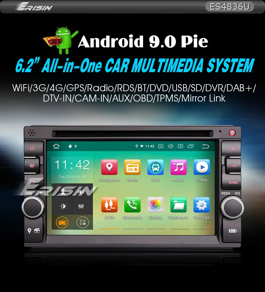 Erisin ES4836U 6," двойной Din Android 9,0 стерео Nissan gps Wi Fi DAB+ SatNav OBD Bluetooth TPMS