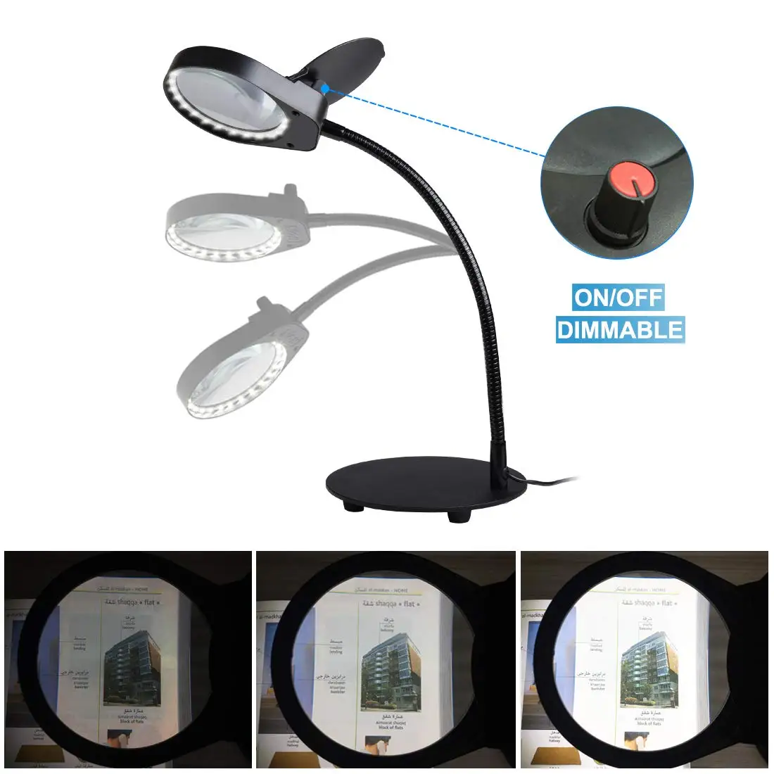 

Dimmable Table & Desk Magnifier Lamp Daylight Bright Magnifying Task Lamp 3X/10X Magnify Glasses Lens for Crafts, Drafting-Black