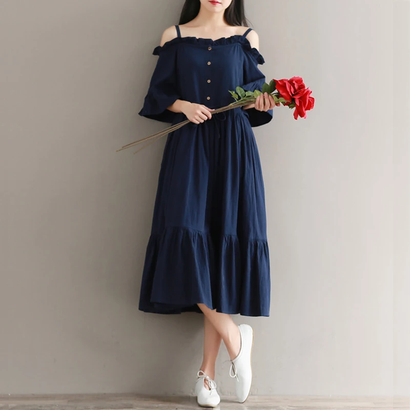 Mori Girl летнее женское длинное платье с вырезом лодочкой рукавом-бабочкой Vestidos