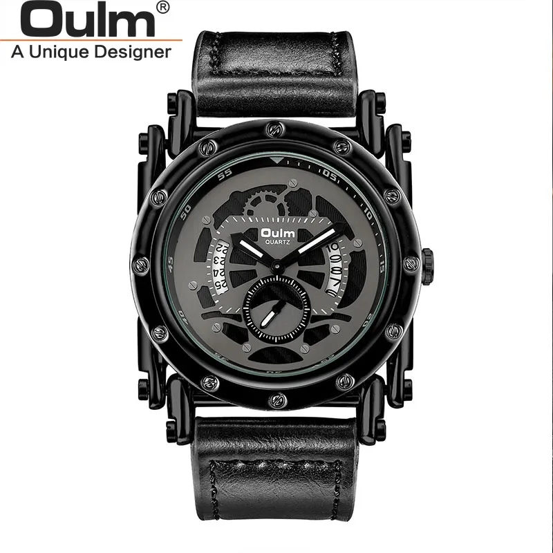 3399black Мужские часы Oulm Уникальный дизайн роскошные часы мужские спортивные часы кожаные мужские часы Мужские кварцевые часы relogio masculino - Цвет: 3399black