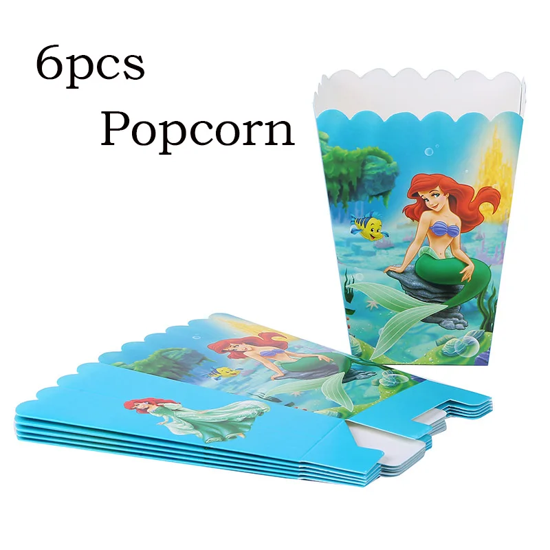 Popcorn box x 6 Маленькая Русалочка Ариэль вечерние украшения для девочек на день рождения посуда бумажная шляпа салфетки тарелка скатерть подарок на день рождения шар - Цвет: Popcorn box x 6