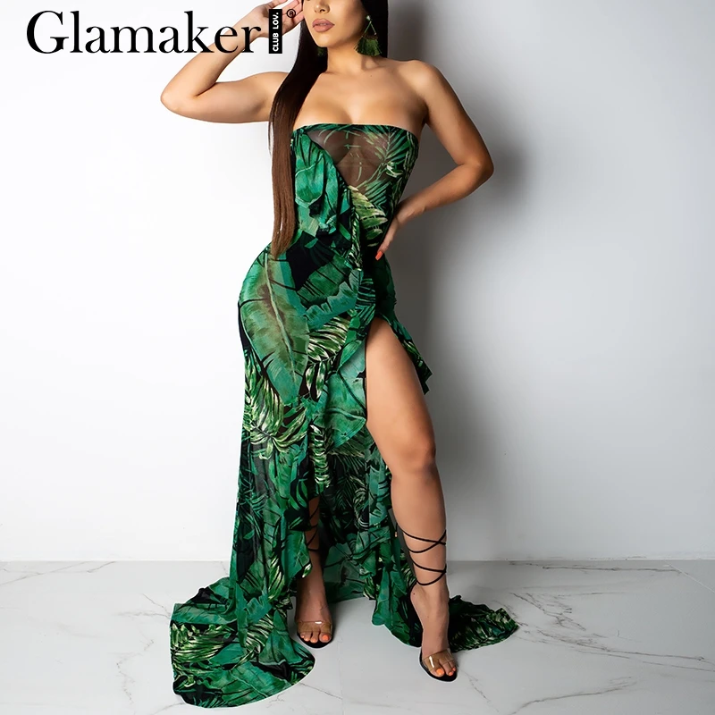 Женское длинное платье с цветочным принтом Glamaker высоким разрезом и оборками в