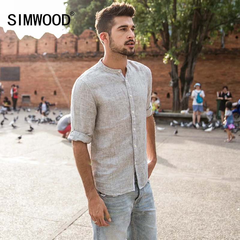 SIMWOOD 2019 Летние Новые повседневные рубашки мужские три четверти 100% чистого льна