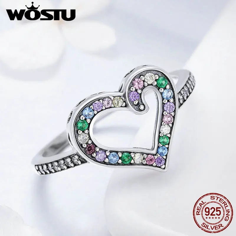 WOSTU 100% 925 пробы Серебряное красочное Радужное Сердце CZ болтающееся кольцо на