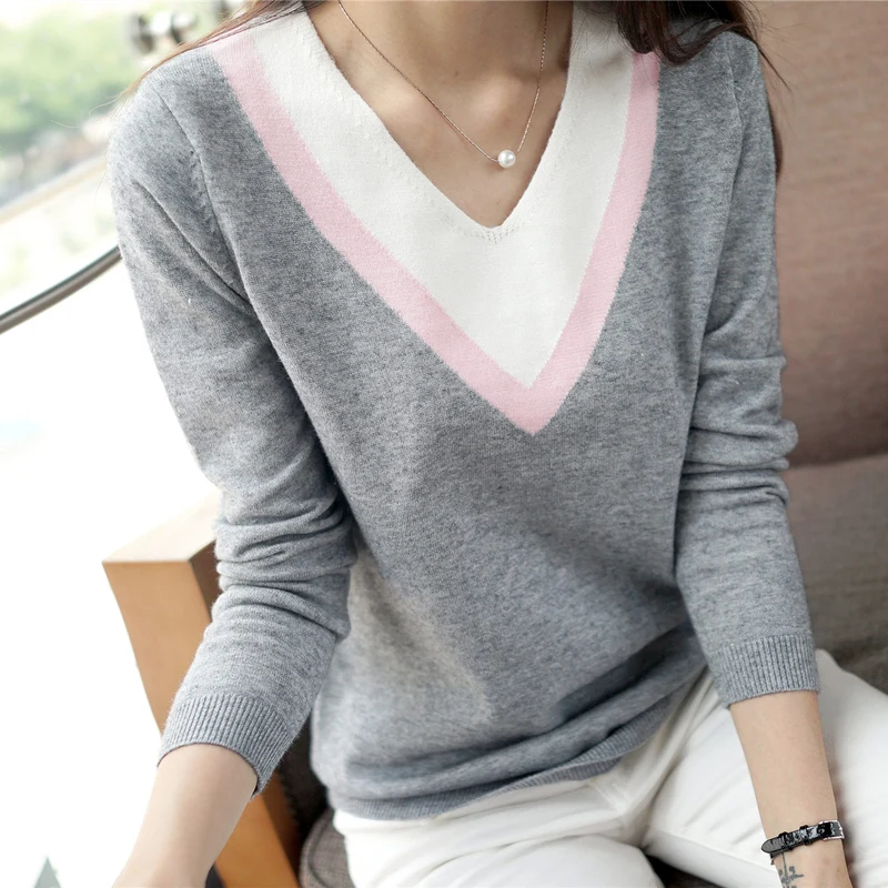 Свитер женский осенне-зимний с длинным рукавом и V-образным вырезом | Женская