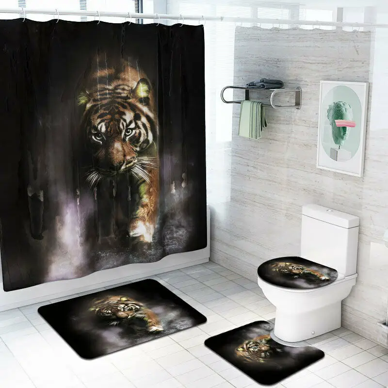 Waterproof Bathroom Shower Curtain 4PCS Non-Slip Rug +Toilet Lid Cover +Bath Mat +Shower Set Toilet Seat | Дом и сад