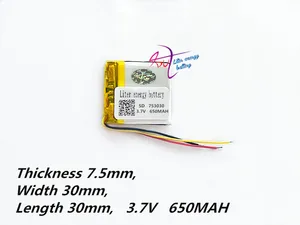 Литий-ионный аккумулятор 753030 3,7 в 650 мАч 803030, универсальный литий-ионный аккумулятор 3 линии для планшетного ПК, 7 дюймов, 8 дюймов, 9 дюймов, MP3, MP4, DVD