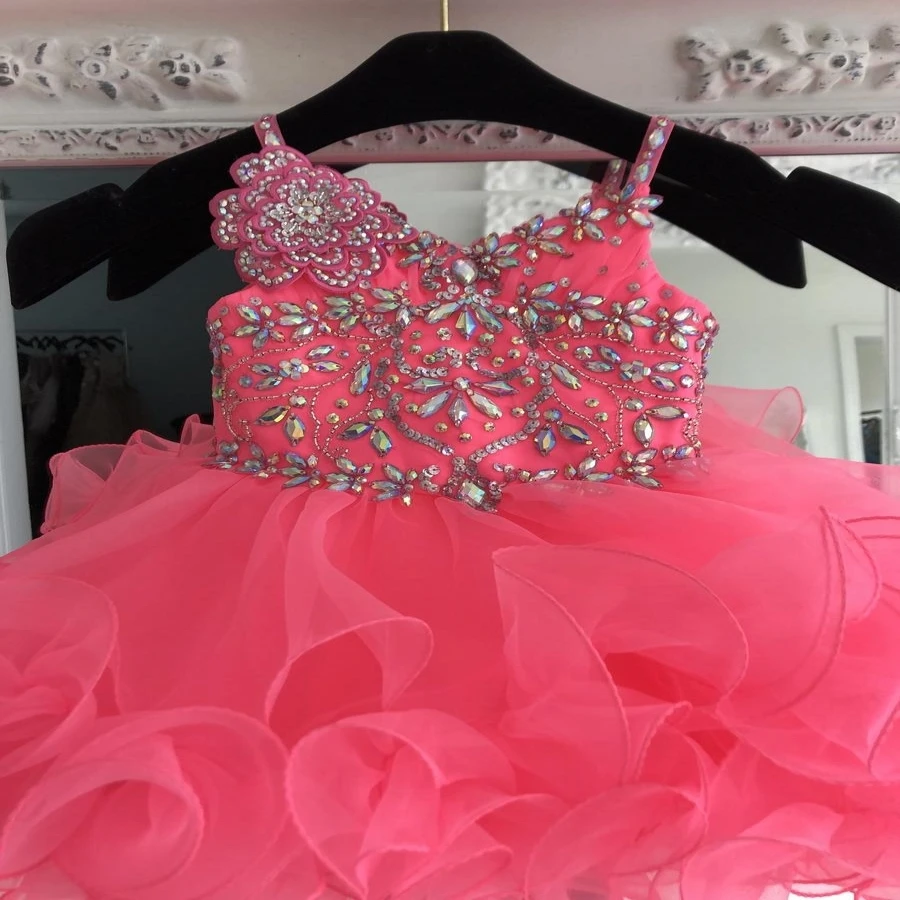 

Infant Baby Girl Pageant Dress 2019 Cupcake Straps Neck Neon Pink Ruffles International Little Miss Prom Dance Gowns Crystals