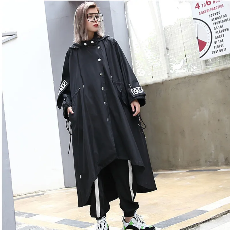 Однобортный длинный тренч для женщин корейская мода с капюшоном нерегулярное