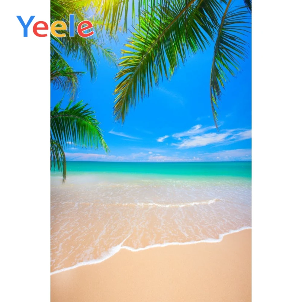 Фон для фотостудии Yeele летняя тропическая пальма пляж песок волны голубое небо |