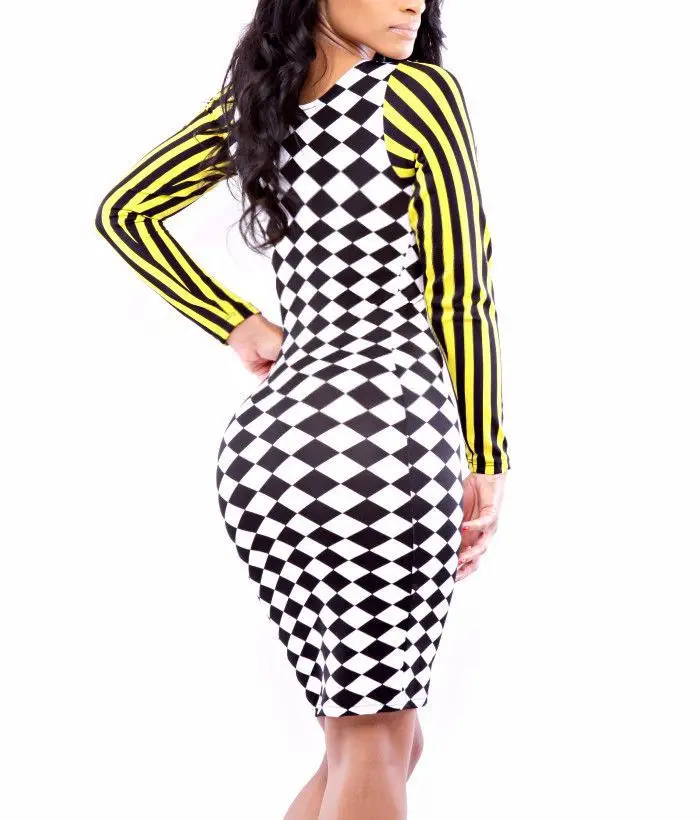 New Women Sexy Celebrity Inspired the Stripes Print Long Sleeves Bodycon Bandage Sheath Dress Curving Party | Женская одежда
