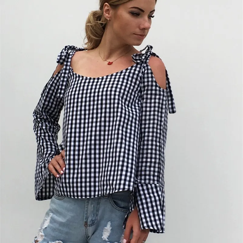 casual cold shoulder long sleeve shirt summer checkered womens tops and blouses plus size plaid shirts chemise femme haut 7511 |