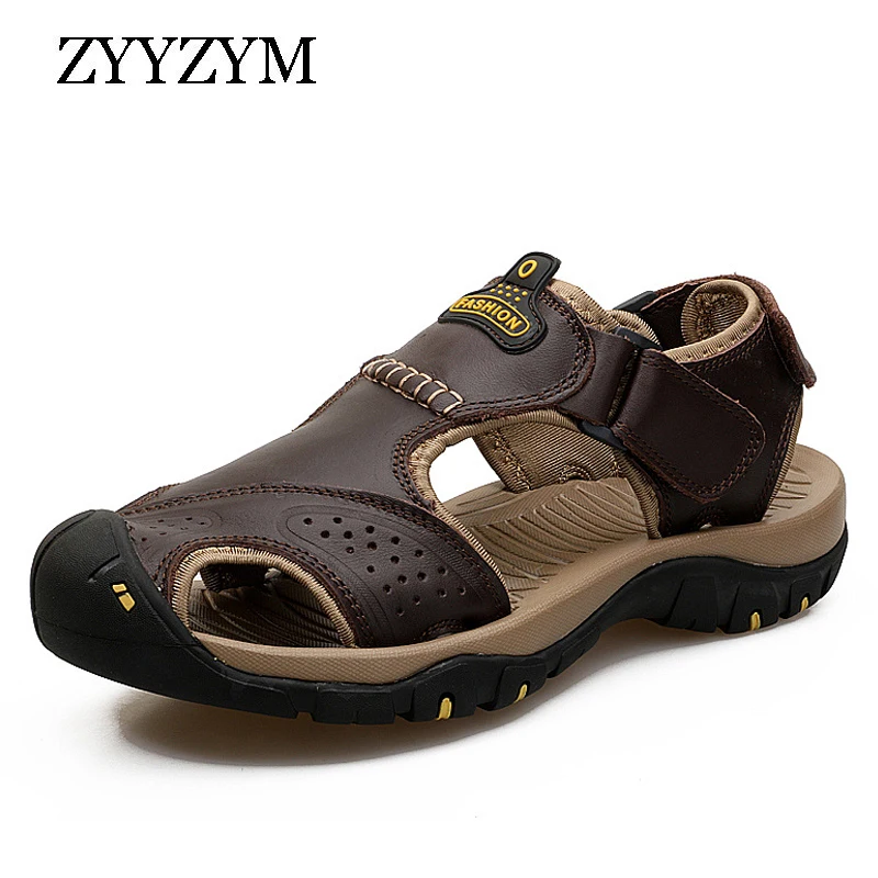 

ZYYZYM Men Sandals Summer Genuine Leather Casual Shoes Plus Size 38-46 Outdoor Beach Shoes Male Rubber Sole Sandals Sport