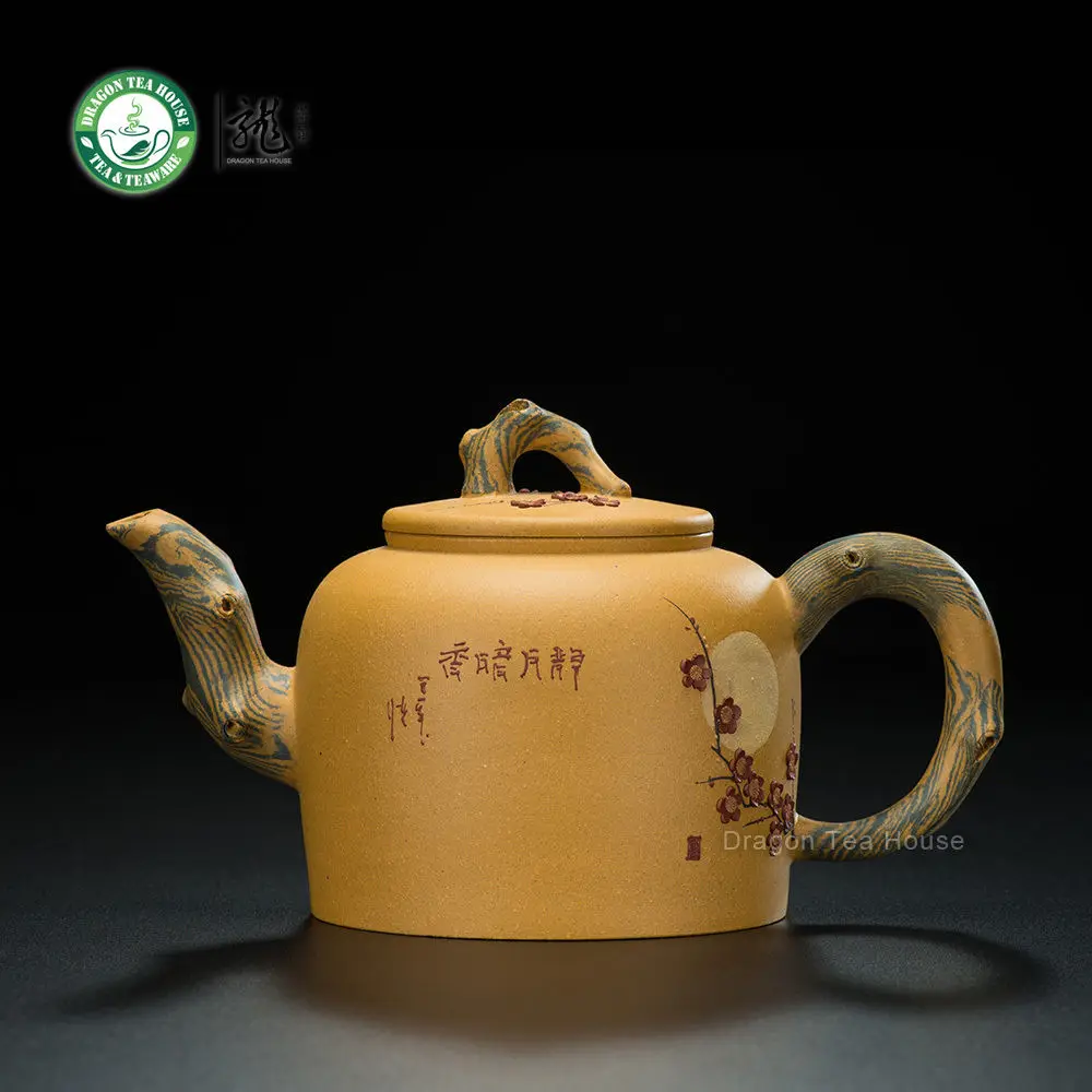 Чайник из красной глины Yixing Zisha ручной работы с желтым цветком сливы 330 мл|clay