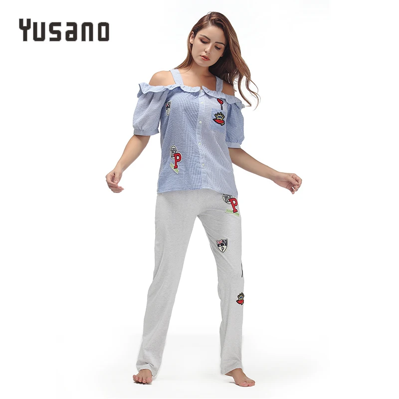 Yusano 2017 Pajamas Women Embroidery Camisole Short Sleeve Ruffle Sleepwear Girl Blue Pink Stripe Homewear Cotton Top+Long Pants | Женская