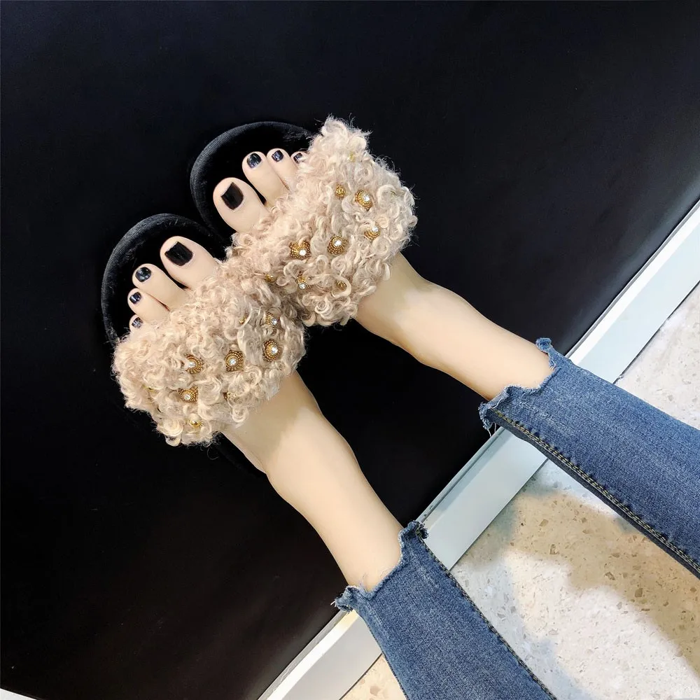 YOUYEDIAN Fashion Women Comfortable Warm Flat Bottom Home Open Toe Cross Fur Slippers Shoe chinelo feminino ver o#25 | Обувь