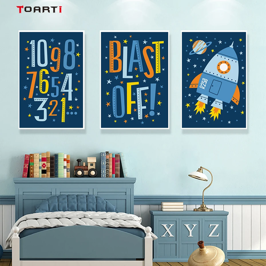 Синий мультфильм крутой мальчик космическая ракета А4 холст Художественная