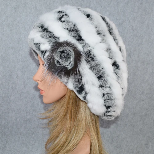 gray and white Женские береты из натурального меха кролика Рекс, зимние теплые шапки из меха кролика Рекс, женские вязаные эластичные шапки из натурального меха - Цвет: gray and white