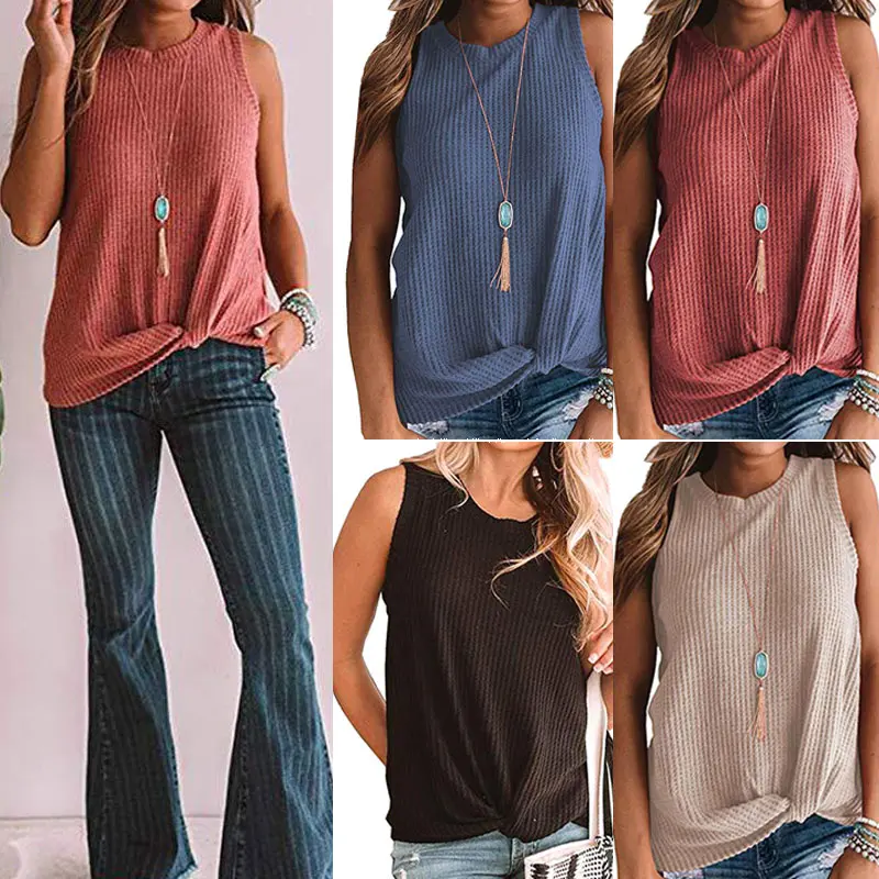 

Womens Casual Sleeveless Twist Knot Waffle Knit T-shirt for Summer FS99
