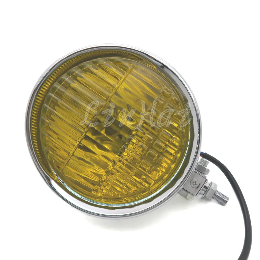 Motorcycle 5.7&quot 12V Chrome Retro Headlight Yellow Lens For Harley Old School Bobbers |