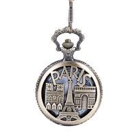 hot west watch hollow eiffel tower castle pocket watch vintage bronze design floral engraved back case pendant