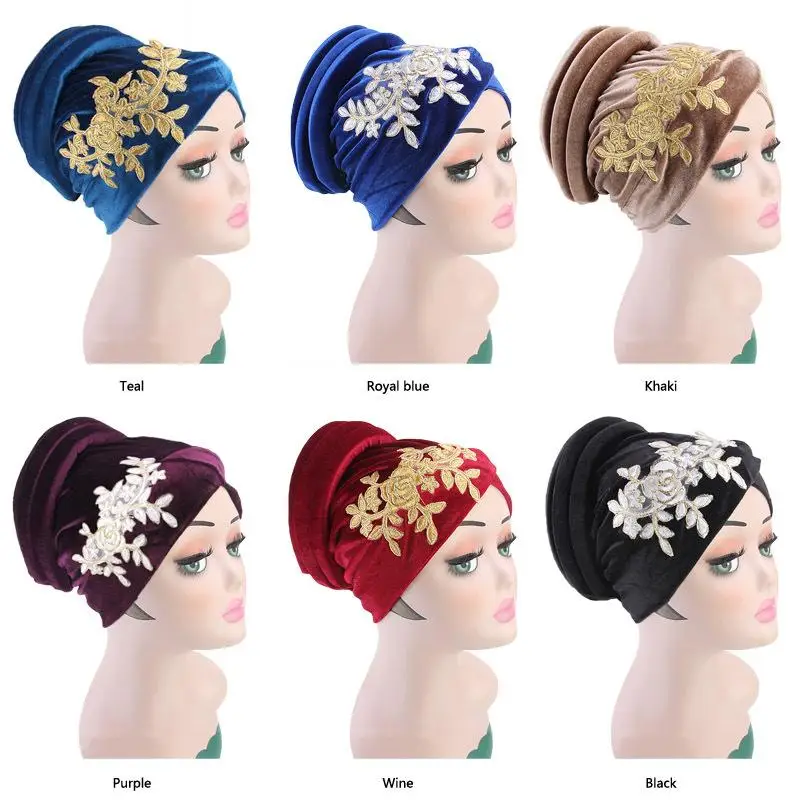 Женская мусульманская Шапка тюрбан исламские банданы шарфы хиджаб бархат цветок
