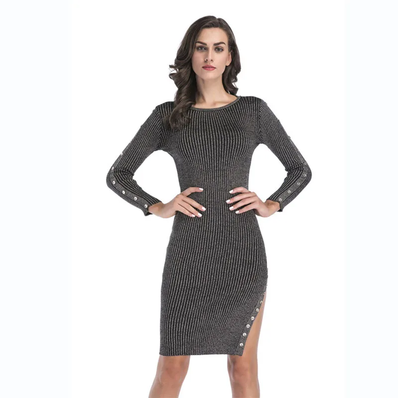 SUNNOW/вязаное платье с длинным рукавом женское облегающее пуговицами и разрезом на