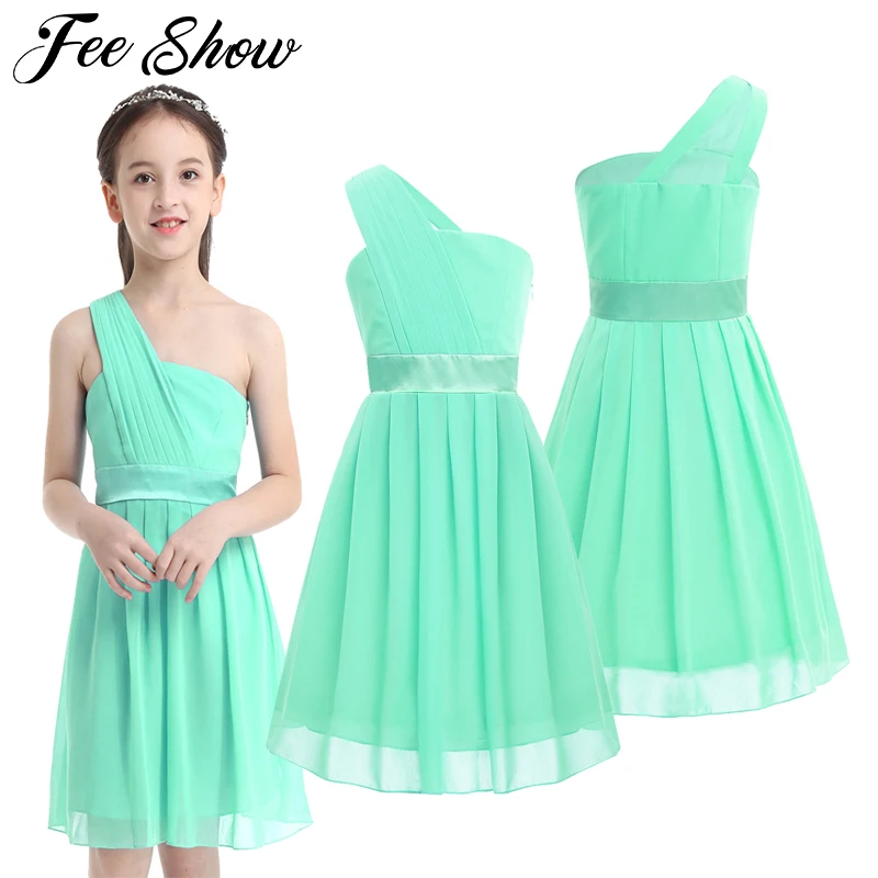 

Детское шифоновое плиссированное платье на одно плечо без рукавов для девочек, для свадьбы, торжевечерние дней рождения, летних платьев