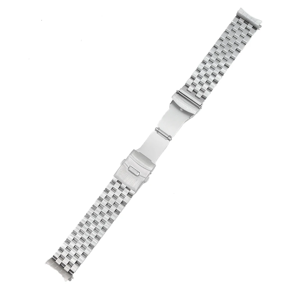 Rolamy 22mm Silver Hollow Curved End Solid Links Replacement Watch Band Strap Bracelet Double Push Clasp For Seiko