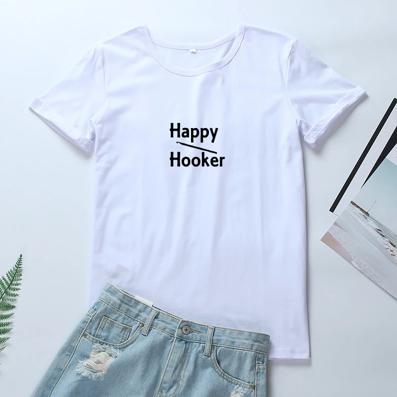 OLN 2018 Happy Hooker короткий рукав футболки хлопок для женщин корейская мода