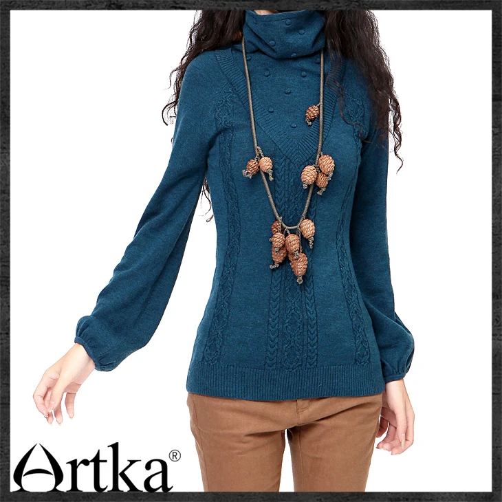 ARTKA Women'S Vintage Style Graceful Slim Turtleneck Pullovers Solid Wool Flowers Full Lantern Sleeve Winter Sweater YB15435D | Женская