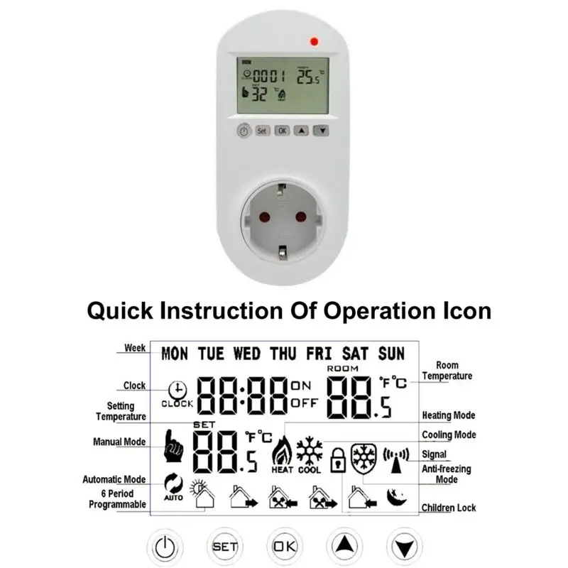 

Programmable Plug in Thermostat EU Socket 16A Electric Heating Underfloor Room Temperature Controller