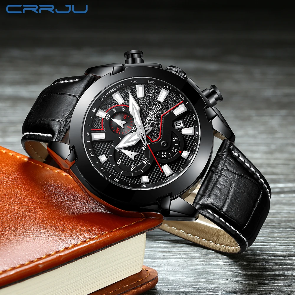 

Mens Watch Leather Strap Luxury Brand 2018 CRRJU Chronograph Men's Sport Watches With Date Male Luminous Clock Montre Homme