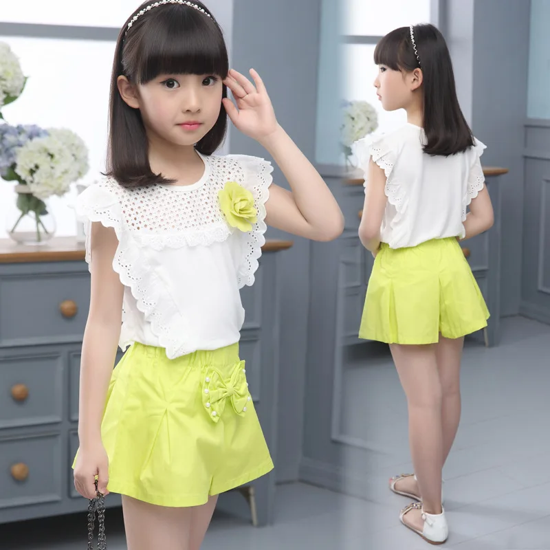 2017 г. футболка с короткими рукавами и кружевом жемчугом для девочек подростков +