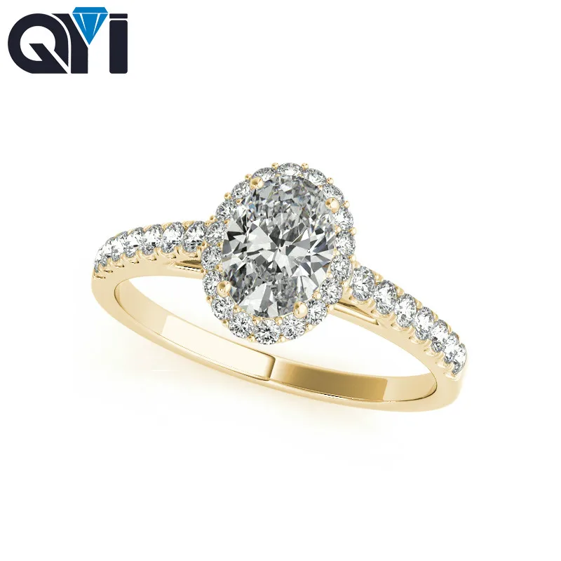 

QYI Women 14k Yellow Gold Single Row Band Rings 3 Carat Oval Cut Moissanite Diamond Halo Engagement Ring