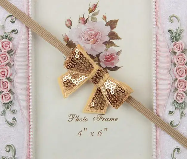 Infantile Girls Sequin Bow Headbands For Kids Solid Elastic Hair Band Large Gold Glitter Accessories YH398 | Детская одежда и