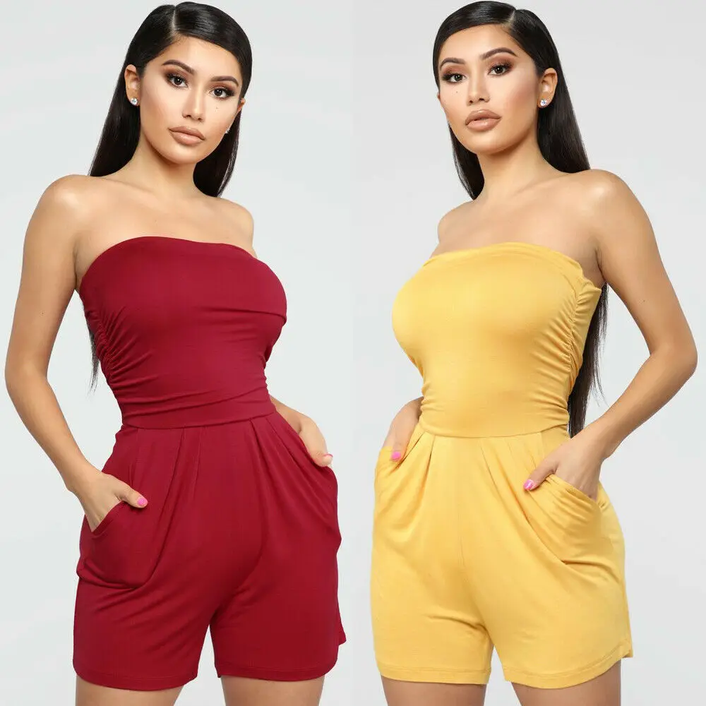 

Womens Off Shoulder Playsuit Fashion Bodycon Party Jumpsuit Casual Solid Elegant Pockets Overalls Beach Short Romper