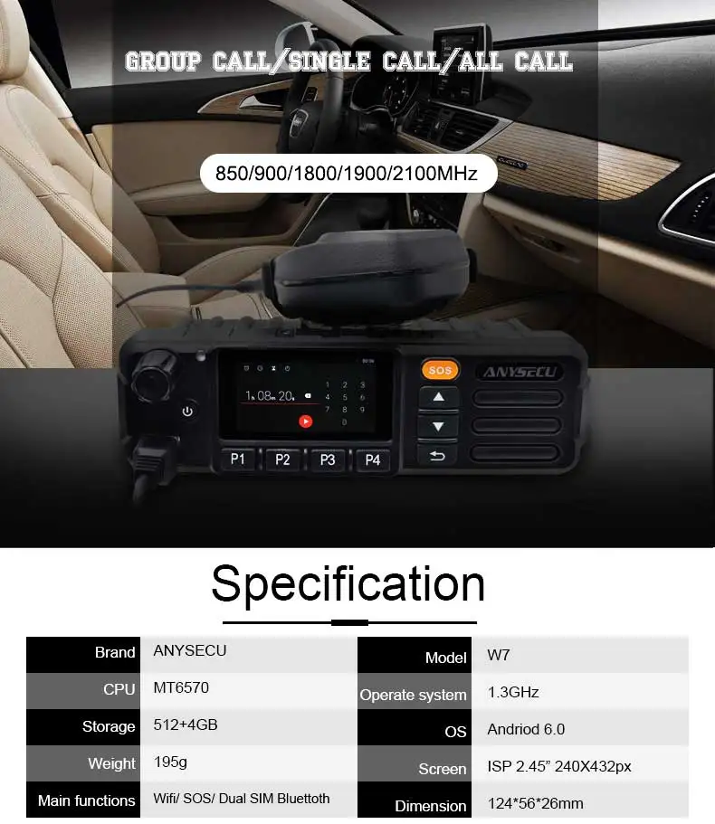 ANYSECU 3g сеть радио 3g-w7 andriod 6,0 WCDMA/GSM IP радио TM-7 с gps SOS wifi работает с реальным PTT/ZELLO