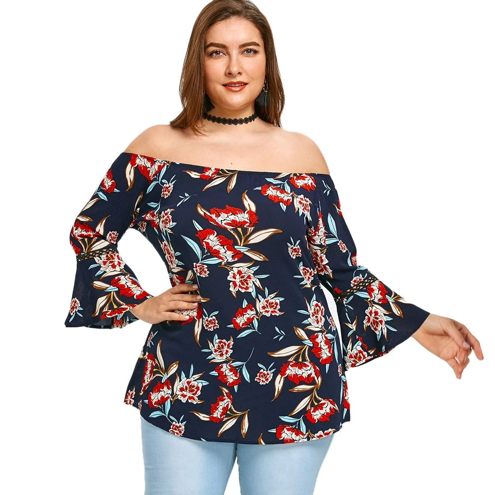 2018 5XL плюс Размеры с открытыми плечами цветочным принтом Блузка Для женщин Slash шеи