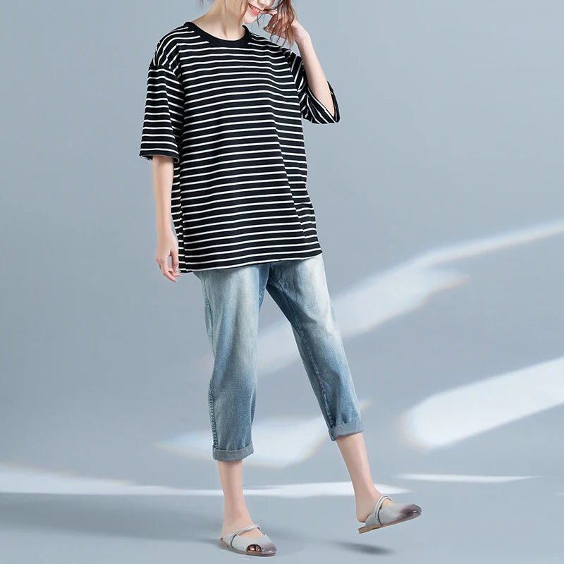 ZIPIPIYF 2017 spring and summer original size MM fat stripe casual T-shirt cotton blouse dress |