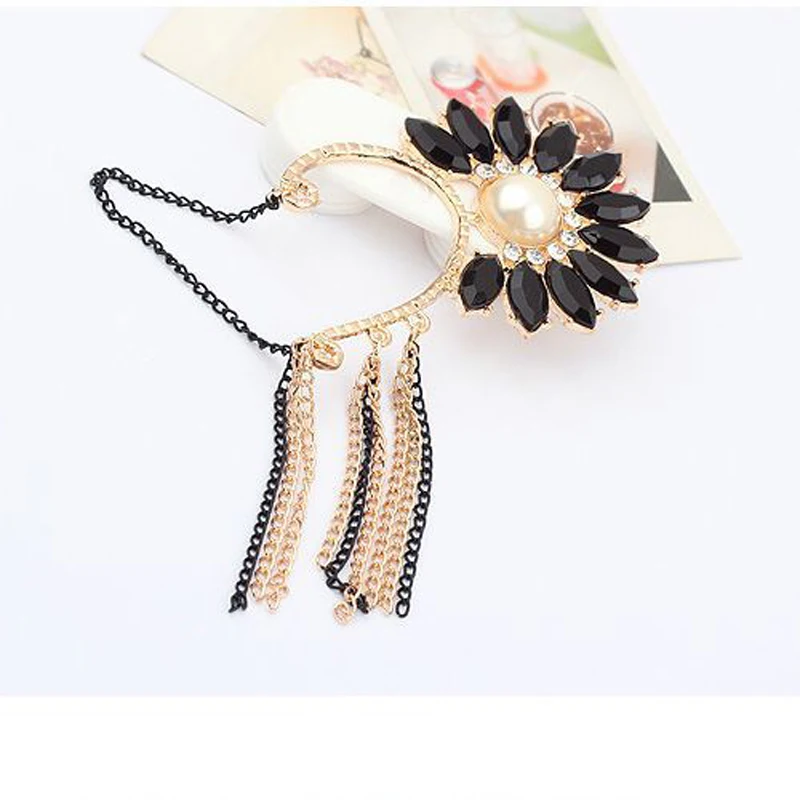 2016 модные Хрустальные черные подсолнухи цепи кисточкой Золотые уши манжеты для