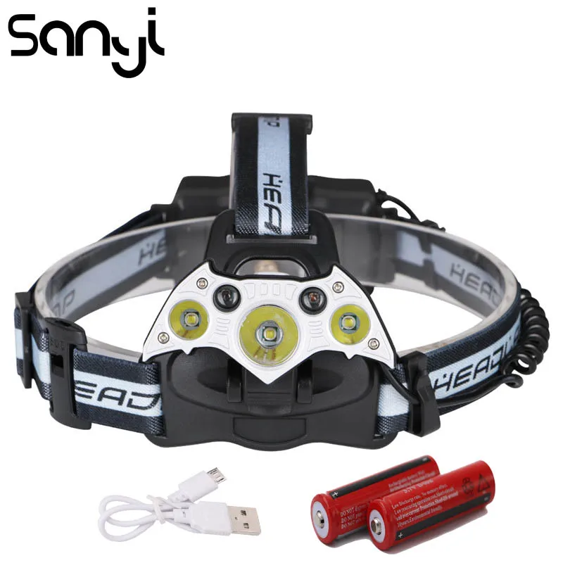 

SANYI 3*T6+2*XPE Headlamp Flashlight Forehead LED Headlight USB 18650 Battery Head Lamp Lanterns Fishing Light Torch