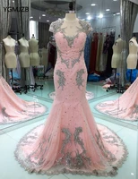 backless long evening dress lace 2018 mermaid beaded pearls pink women formal party evening gowns prom dress robe de soiree