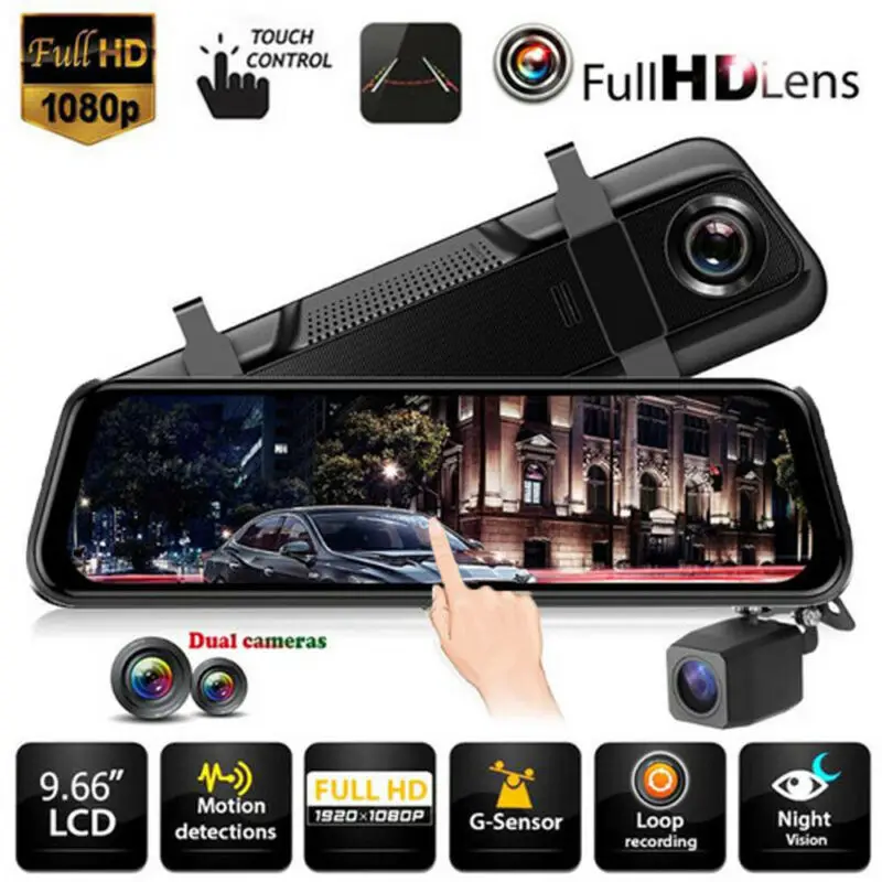 10 дюймовый Автомобильный видеорегистратор FHD 1080P с двойным объективом сенсорным