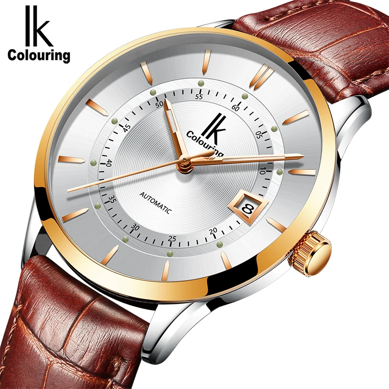 IK цветные автоматические часы мужские тонкие наручные с кожаным ремешком