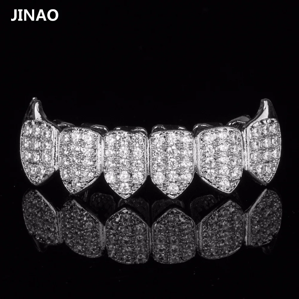 JINAO из чистого золота Цвет & посеребренные в стиле хип хоп Grillz Micro Pave CZ Золотой Клык