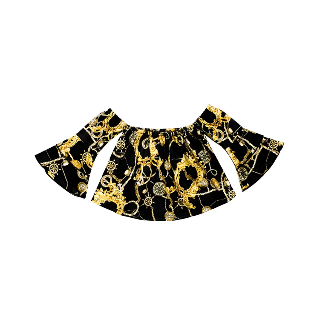 Комплект одежды из 3 предметов для девочек: черный топ с короткими рукавами и принтом золотого цвета черные